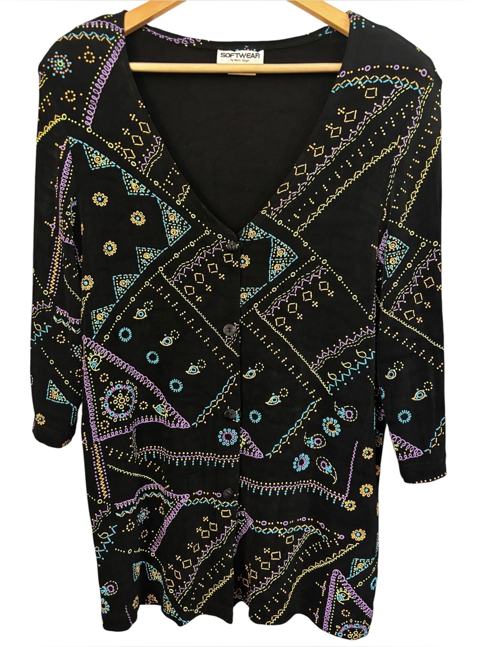 Vtg 90s Softwear by Mark Singer Artsy Print Travel Knit Button Cardigan Sz L